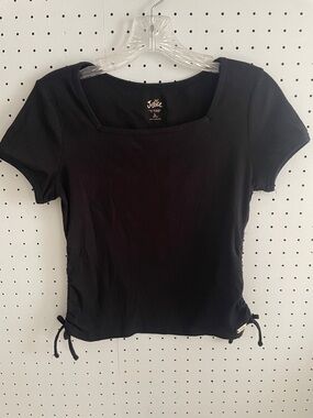 Justice Black Square Neck Short Sleeve Crop Tee with Side Ties